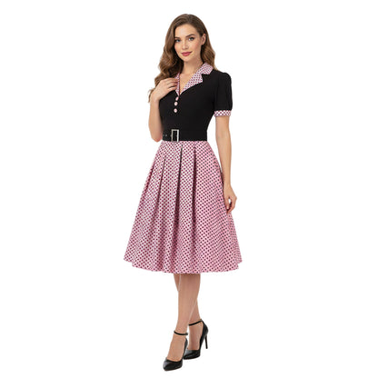 Women's 1950s Polka Dot Patchwork Lapel Collar Belted A-Line Rockabilly Dress