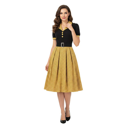 Women's 1950s Polka Dot Patchwork Lapel Collar Belted A-Line Rockabilly Dress