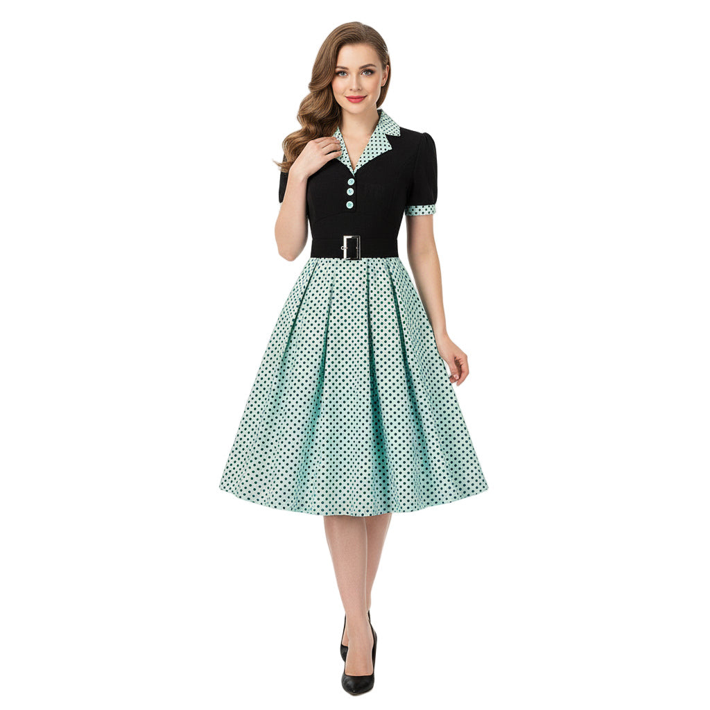 Women's 1950s Polka Dot Patchwork Lapel Collar Belted A-Line Rockabilly Dress
