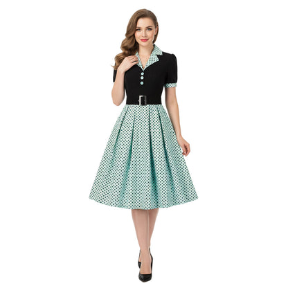 Women's 1950s Polka Dot Patchwork Lapel Collar Belted A-Line Rockabilly Dress