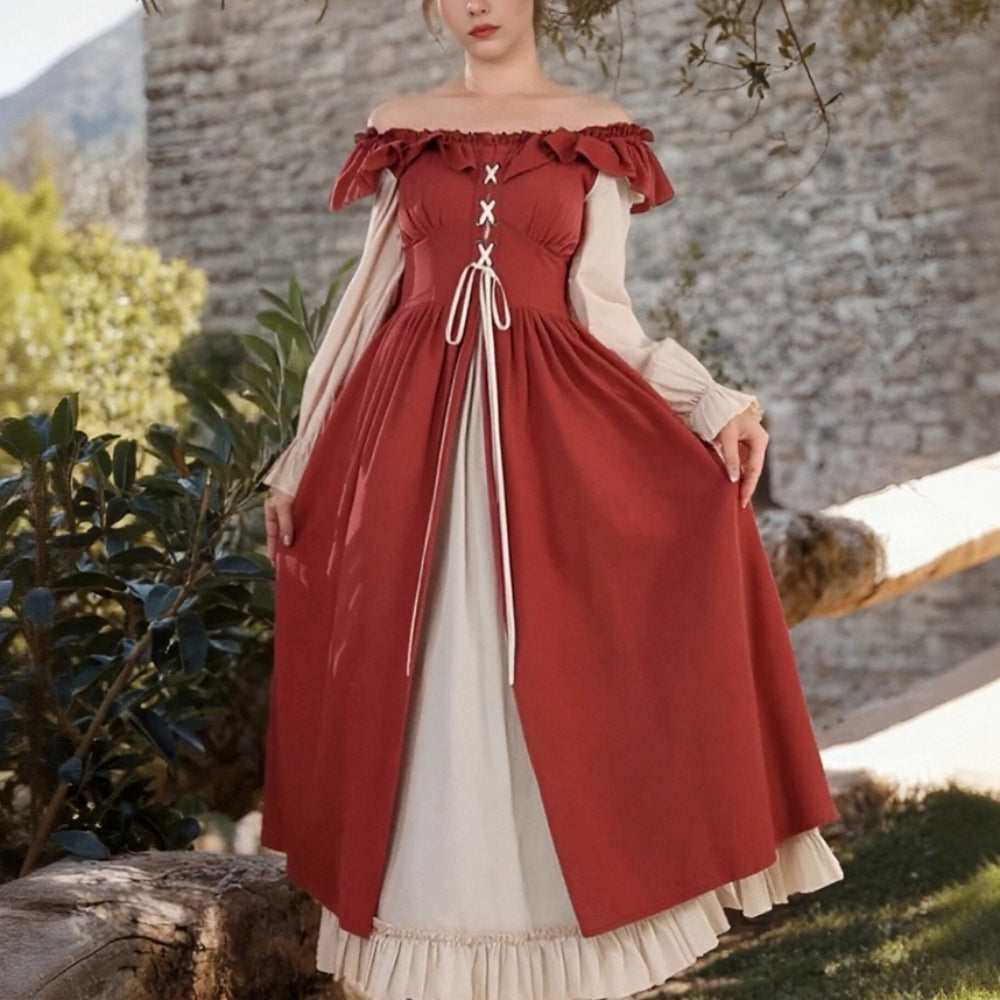 Robe Renaissance Cottagecore à manches longues et bordure à volants