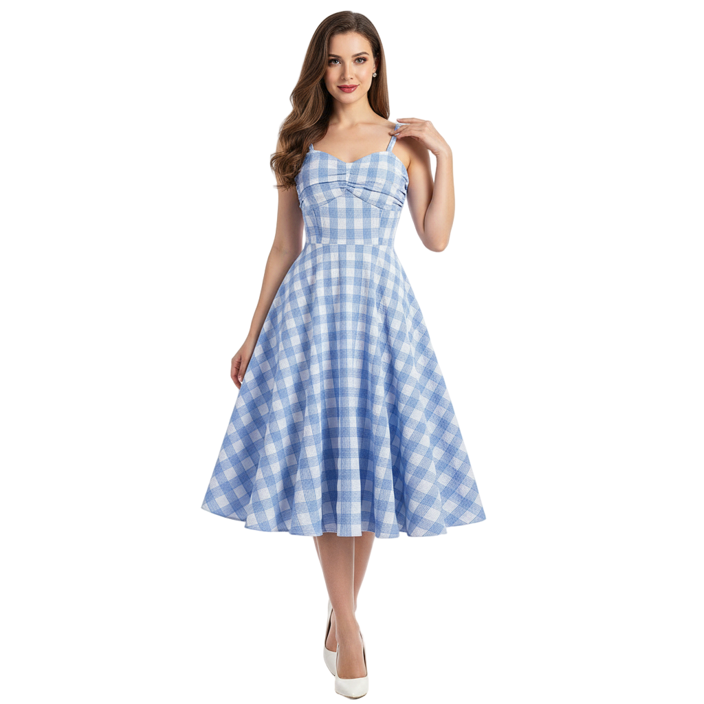 Women's 1950s Gingham Plaid Spaghetti Strap Sweetheart Swing Dress