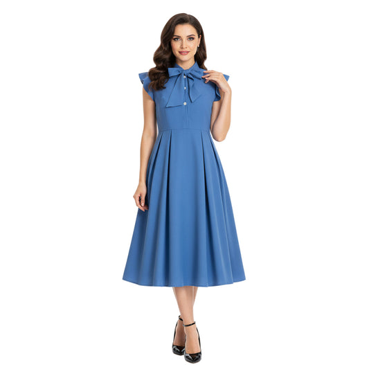 Women's 1950s Bow Tie Neck Ruffle Cap Sleeve Pleated Swing Dress