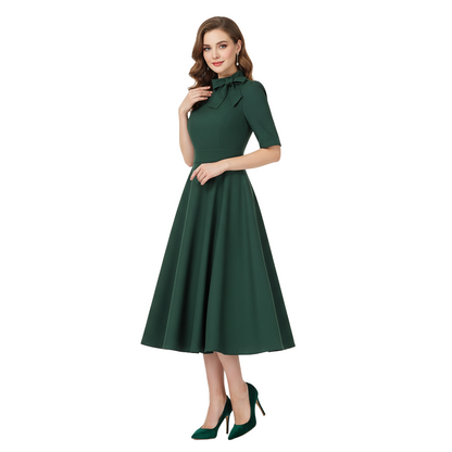 Women's 1950s Solid Green Bow Tie Neck Half Sleeve Swing Dress