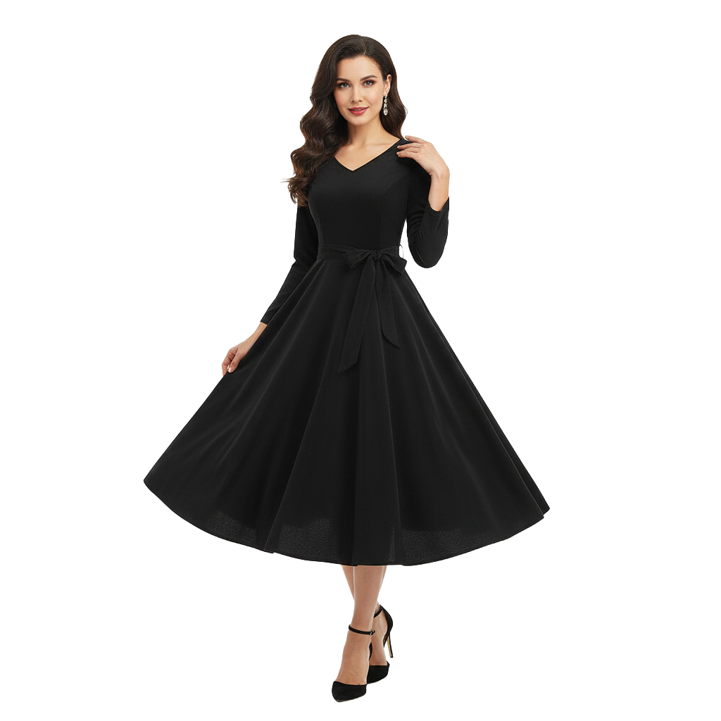 Women's 1950s Velvet V-Neck Long Sleeve Swing Dress
