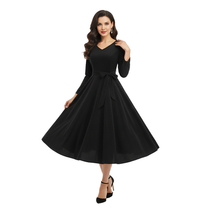 Women's 1950s Velvet V-Neck Long Sleeve Swing Dress