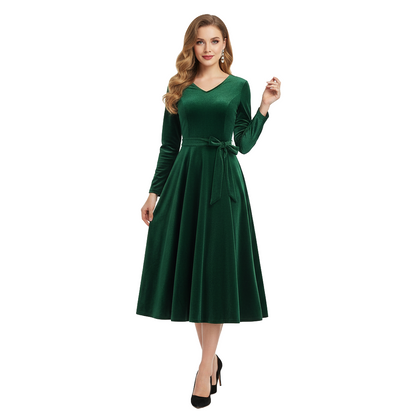 Women's 1950s Velvet V-Neck Long Sleeve Swing Dress