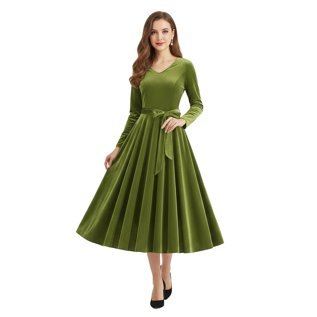 Women's 1950s Velvet V-Neck Long Sleeve Swing Dress