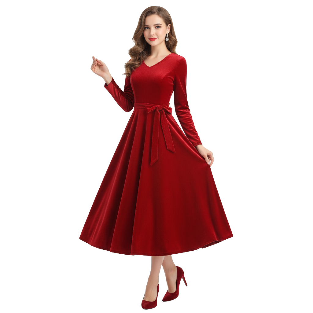 Women's 1950s Velvet V-Neck Long Sleeve Swing Dress