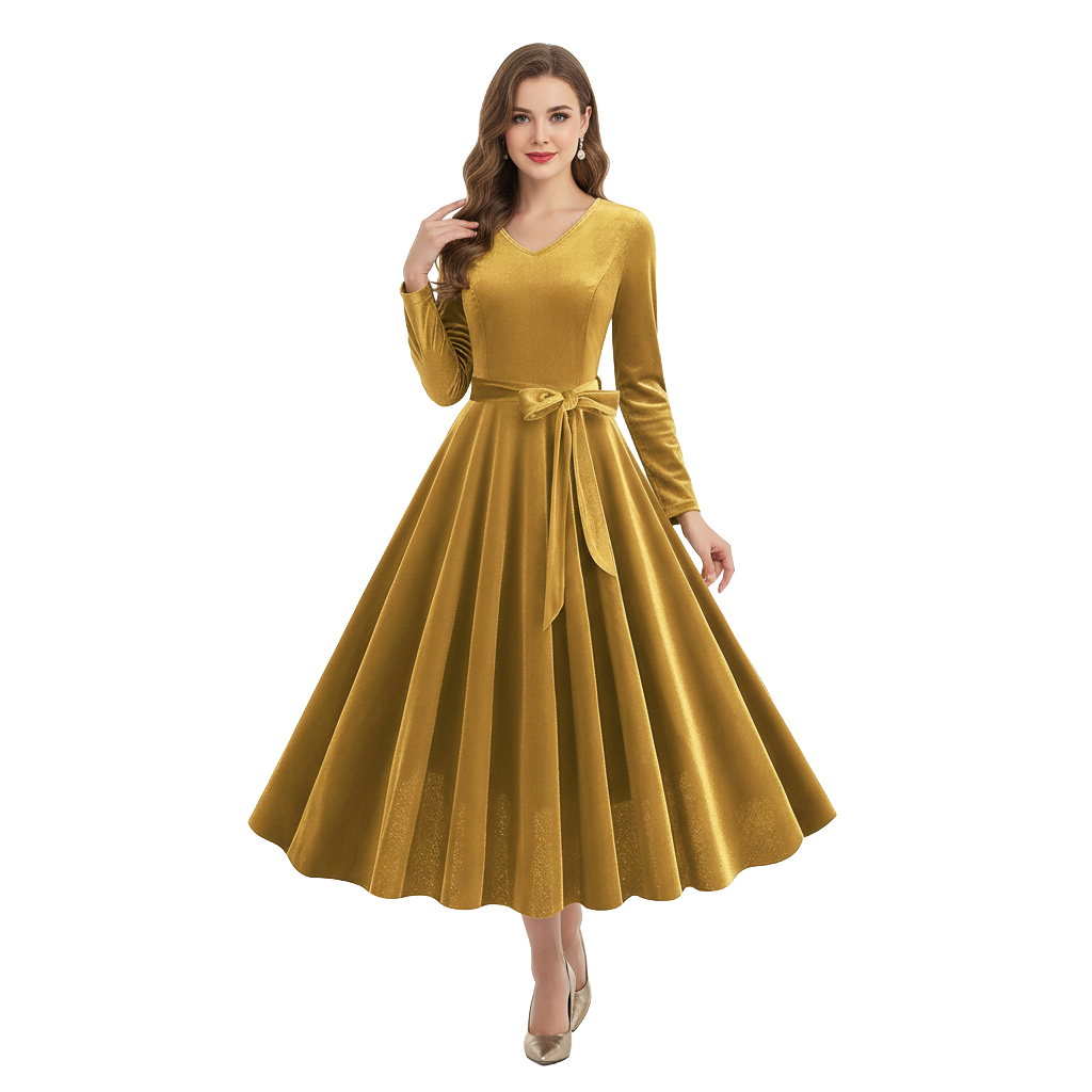 Women's 1950s Velvet V-Neck Long Sleeve Swing Dress
