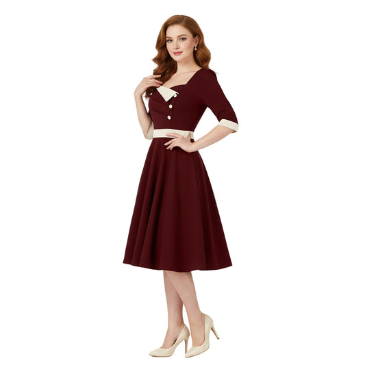 Women's 1950s Contrast Sweetheart Neck Half Sleeve A-Line Dress