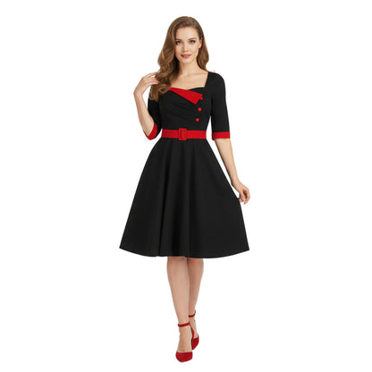 Women's 1950s Contrast Sweetheart Neck Half Sleeve A-Line Dress