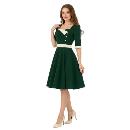 Women's 1950s Contrast Sweetheart Neck Half Sleeve A-Line Dress