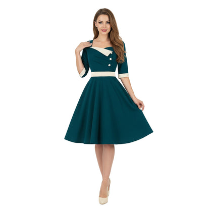 Women's 1950s Contrast Sweetheart Neck Half Sleeve A-Line Dress