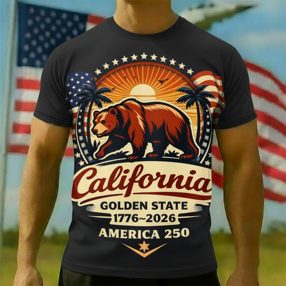 Men's American 250th California Bear West Coast Patriotic Printed T-shirt