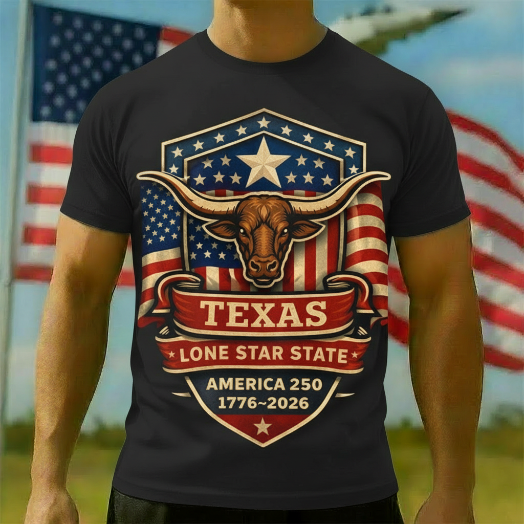 Men's American 250th Texas Lone Star Longhorn Patriotic Printed T-shirt