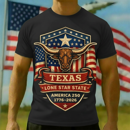 Men's American 250th Texas Lone Star Longhorn Patriotic Printed T-shirt