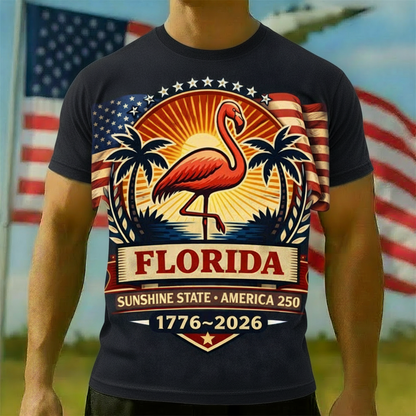 Men's American 250th Florida Flamingo Sunshine State Patriotic Printed T-shirt