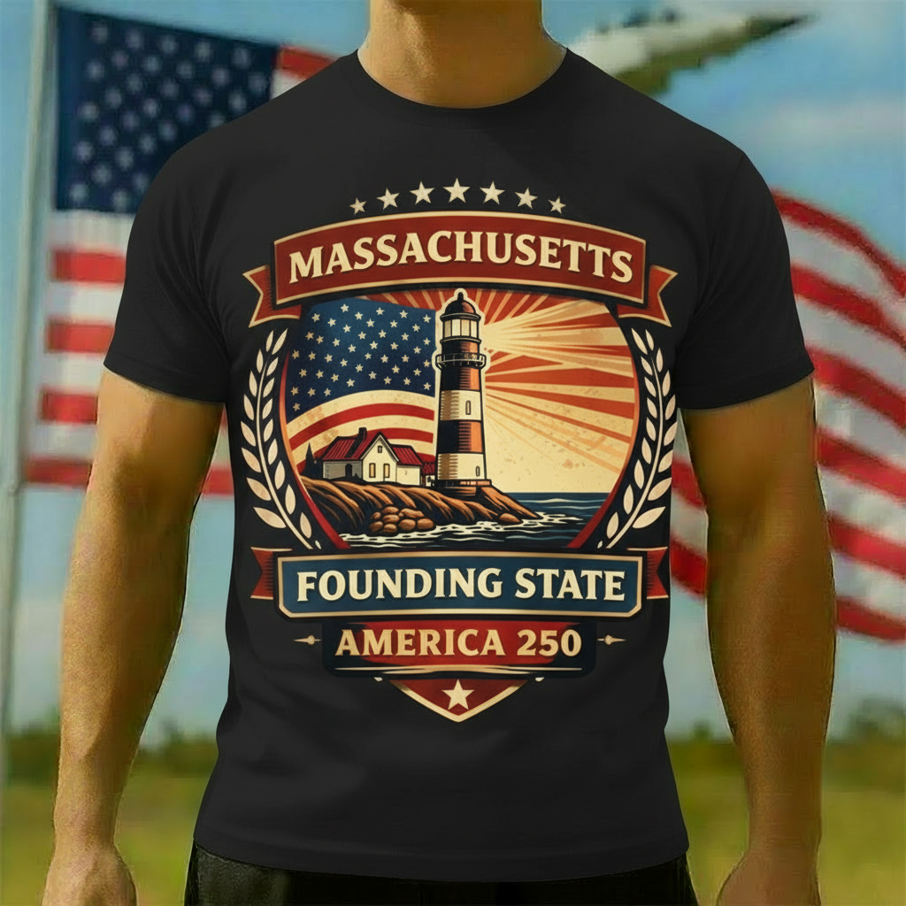Men's American 250th Massachusetts Lighthouse Founding State Patriotic Printed T-shirt