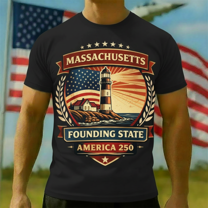 Men's American 250th Massachusetts Lighthouse Founding State Patriotic Printed T-shirt