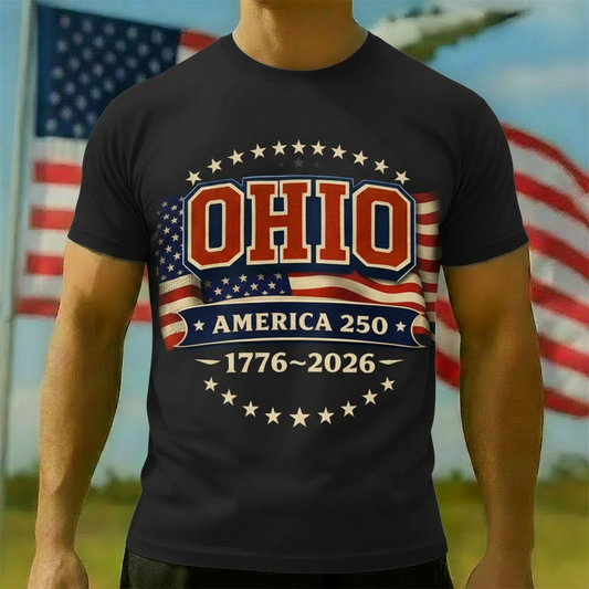 Men's American 250th Ohio American Flag 1776-2026 Patriotic Printed T-shirt
