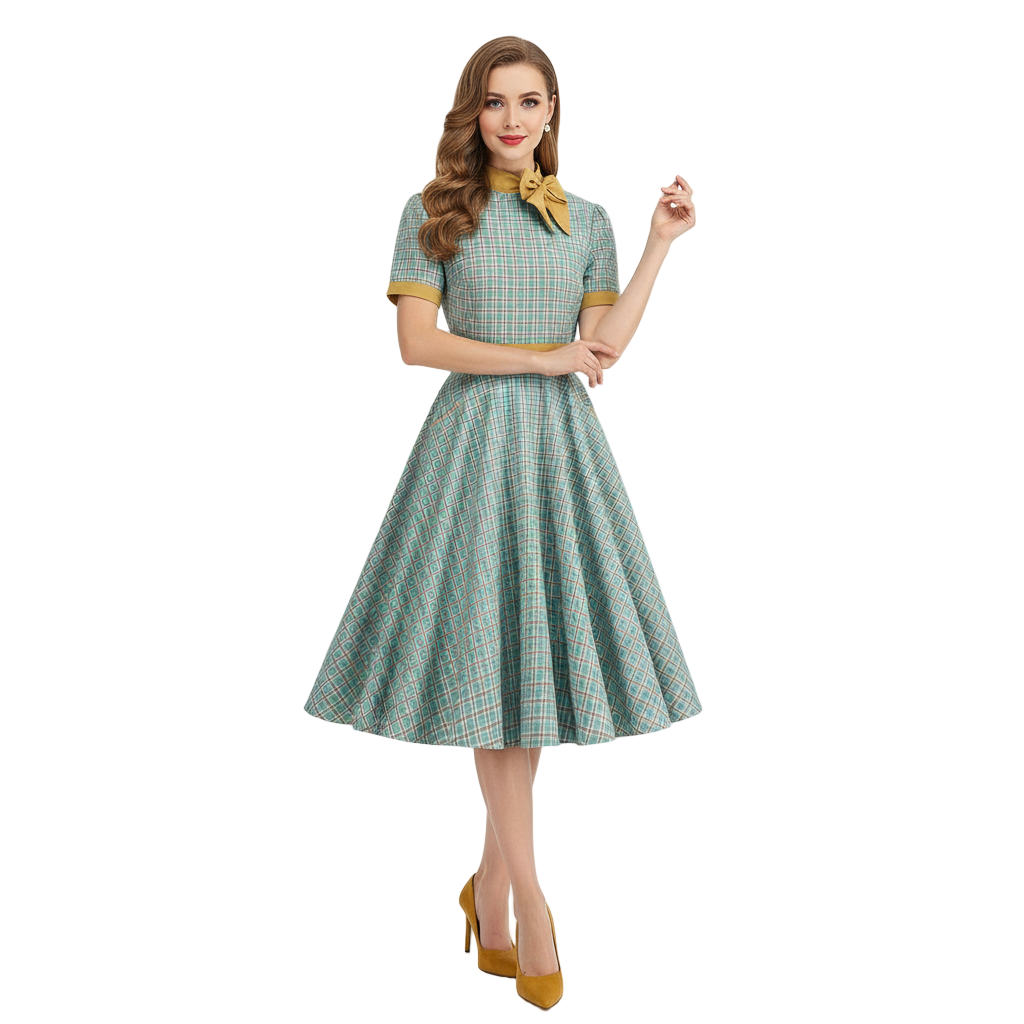 Women's 1950s Plaid Checkered Bow Tie Neck Swing Dress