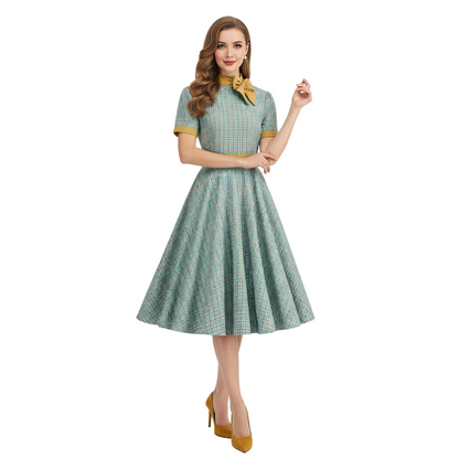 Women's 1950s Plaid Checkered Bow Tie Neck Swing Dress