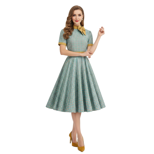 Women's 1950s Plaid Checkered Bow Tie Neck Swing Dress