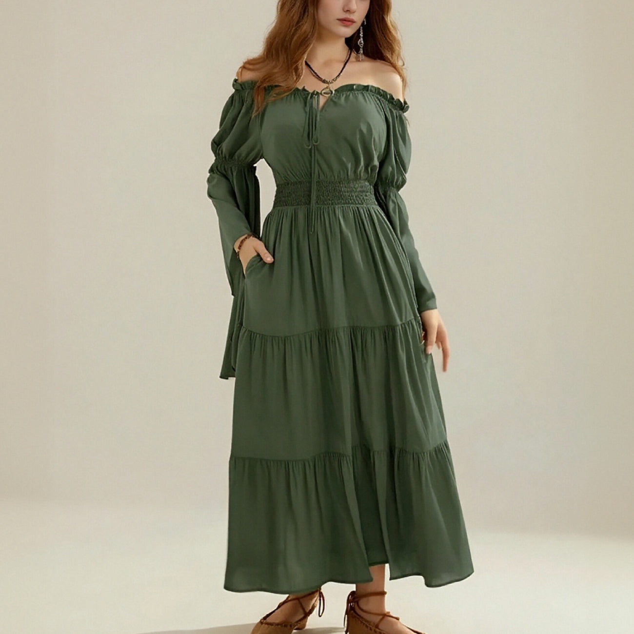 Renaissance Tiered Maxi Dress Off-Shoulder Pocket Dress
