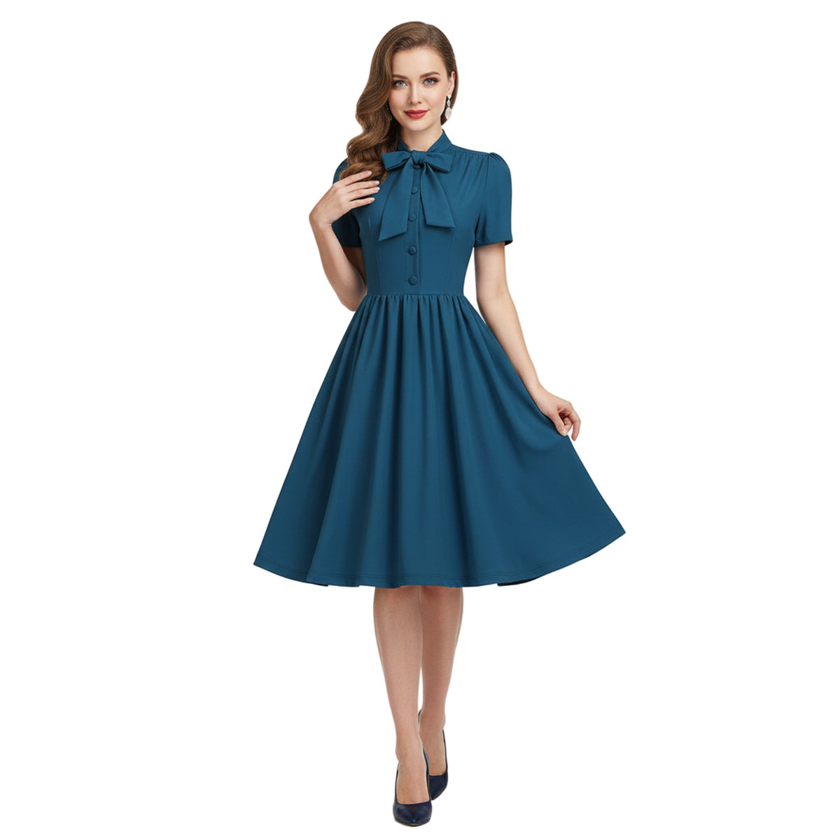 Women's 1950s Solid Teal Bow Tie Neck Button Down A-Line Tea Dress
