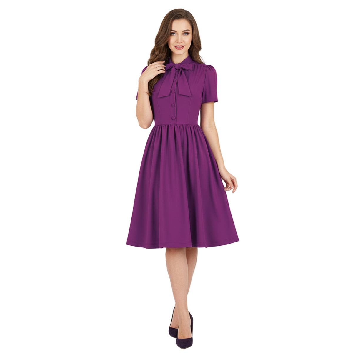 Women's 1950s Solid Teal Bow Tie Neck Button Down A-Line Tea Dress