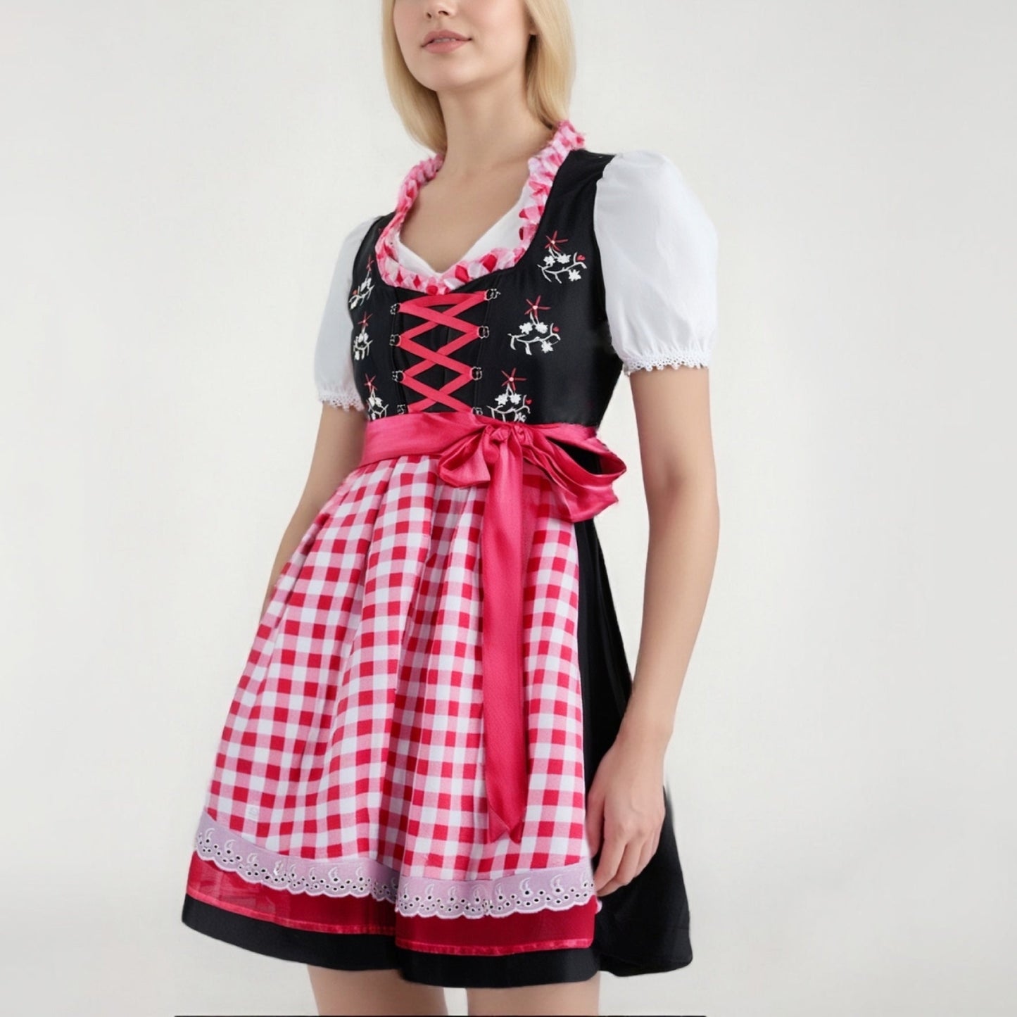 Oktoberfest Gingham Floral Dirndl Dress Set with Apron and Blouse
