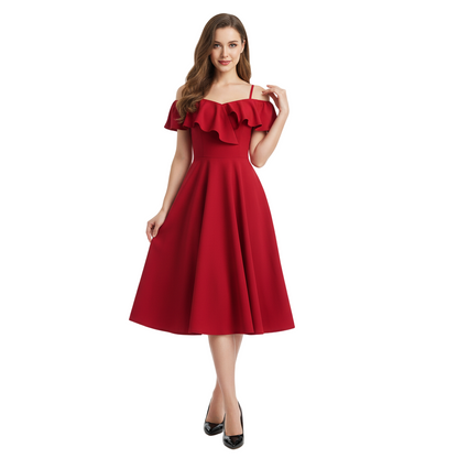 Women's 1950s Off the Shoulder Ruffle A-Line Dress