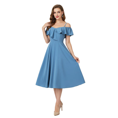 Women's 1950s Off the Shoulder Ruffle A-Line Dress