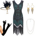 Green Tassel Fringe Flapper Dress Set with ACCs