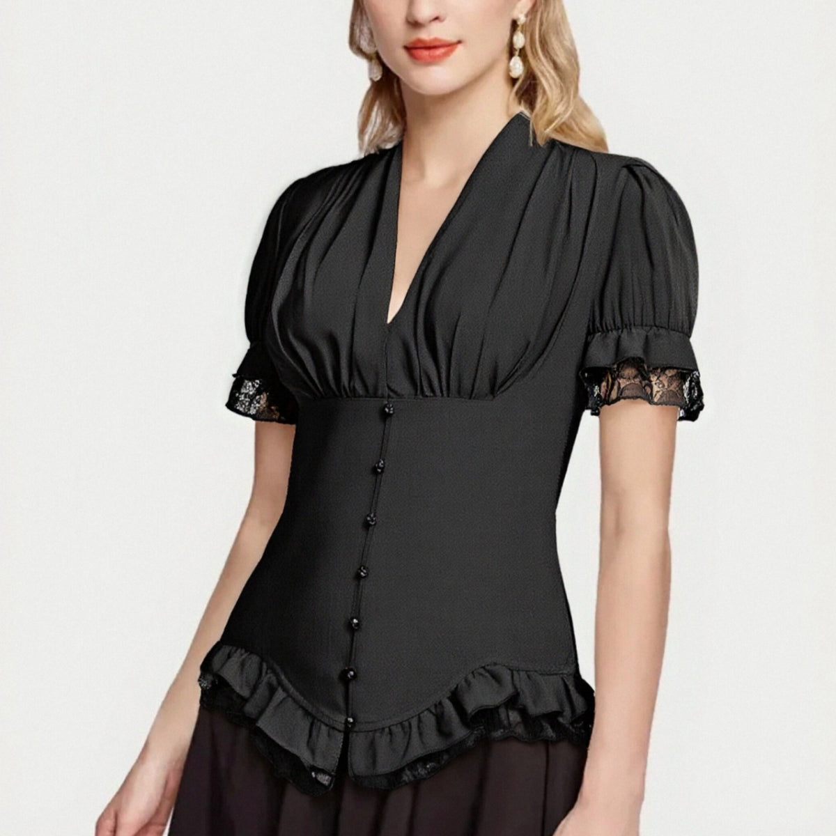 Victorian Pleated Shirt Lace Up Work Blouse - Retrorobe