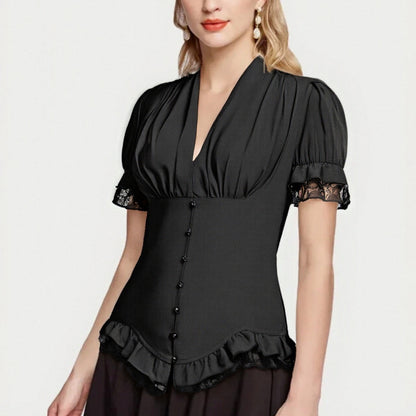 Victorian Pleated Shirt Lace Up Work Blouse - Retrorobe