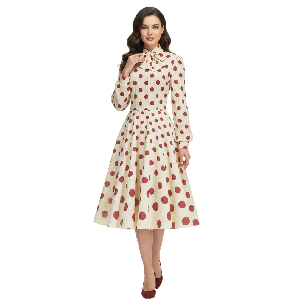 Women's 1950s Polka Dot Bow Tie Neck Long Sleeve Flare Dress