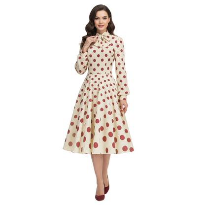 Women's 1950s Polka Dot Bow Tie Neck Long Sleeve Flare Dress