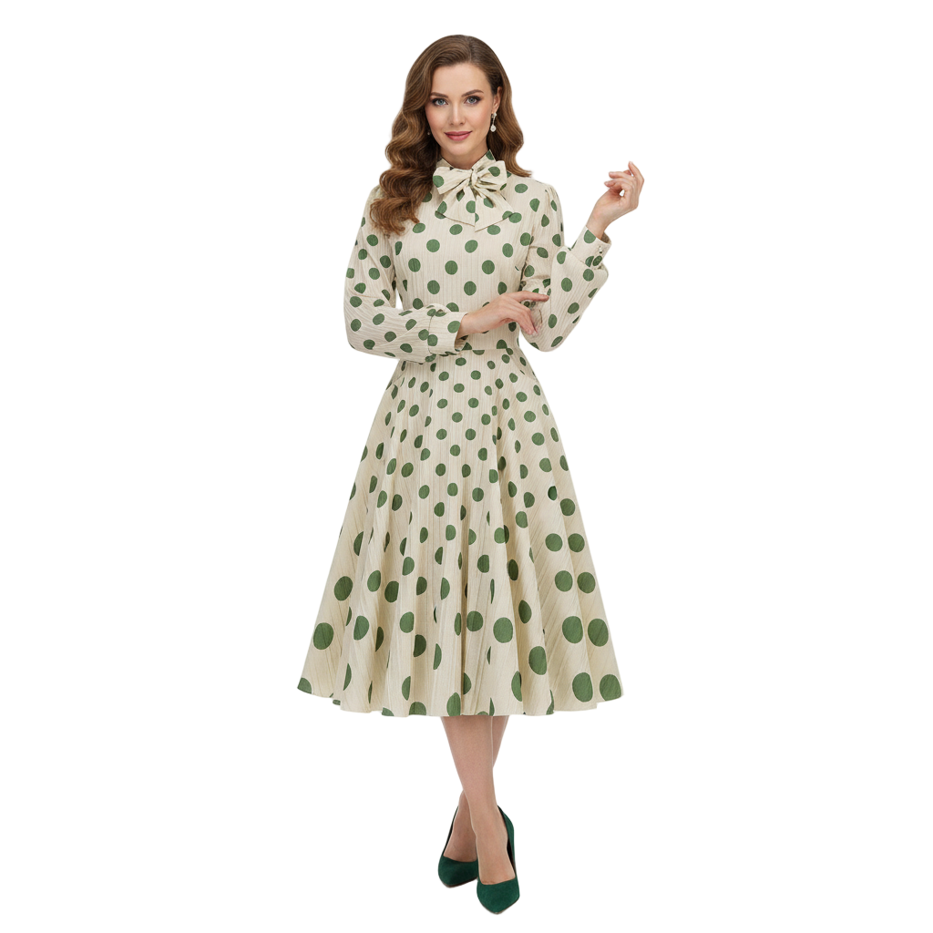 Women's 1950s Polka Dot Bow Tie Neck Long Sleeve Flare Dress