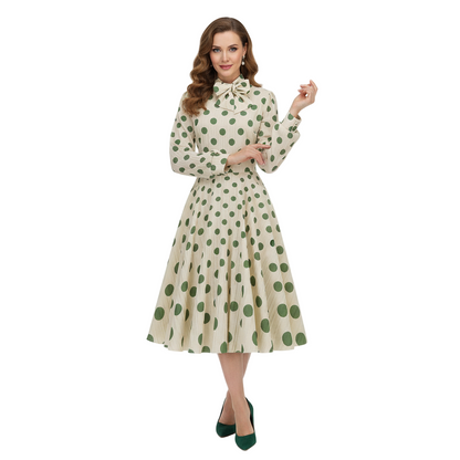 Women's 1950s Polka Dot Bow Tie Neck Long Sleeve Flare Dress