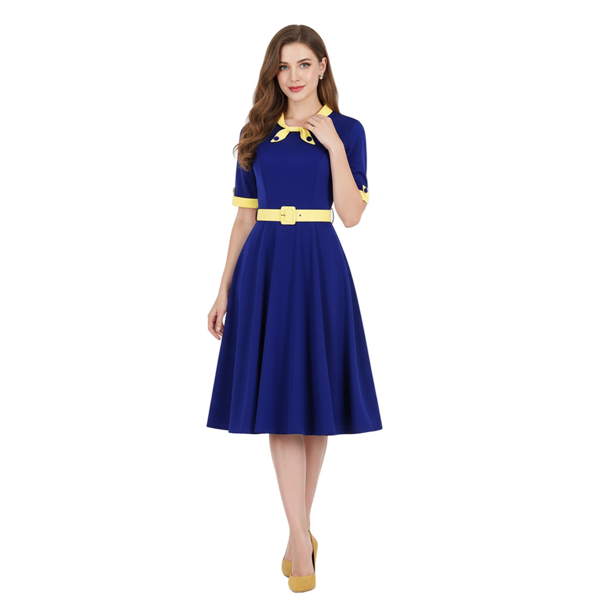 Women's 1950s Contrast Color Block Lapel Collar Belted A-Line Dress
