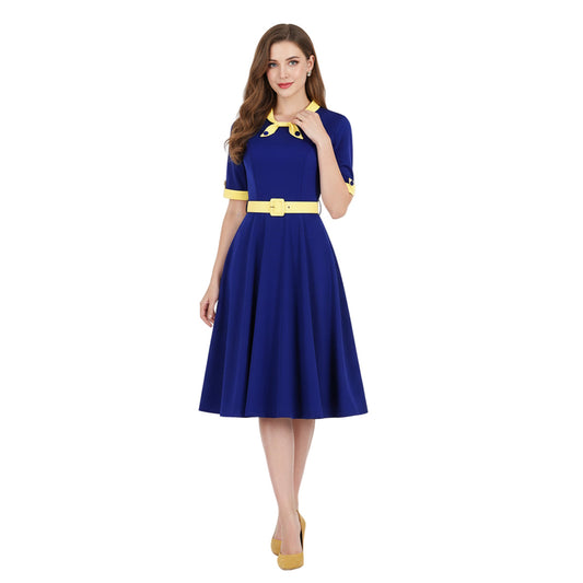 Women's 1950s Contrast Color Block Lapel Collar Belted A-Line Dress