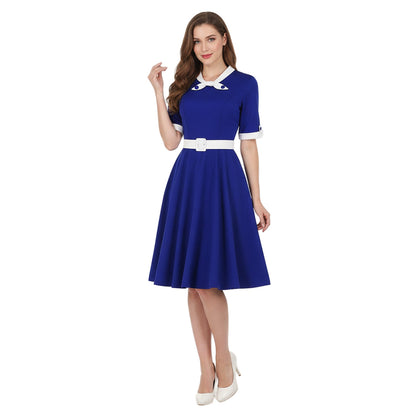 Women's 1950s Contrast Color Block Lapel Collar Belted A-Line Dress