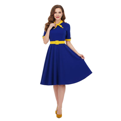 Women's 1950s Contrast Color Block Lapel Collar Belted A-Line Dress