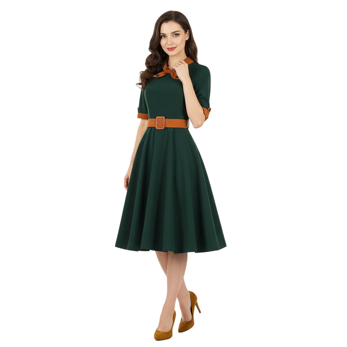 Women's 1950s Contrast Color Block Lapel Collar Belted A-Line Dress