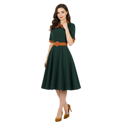 Women's 1950s Contrast Color Block Lapel Collar Belted A-Line Dress