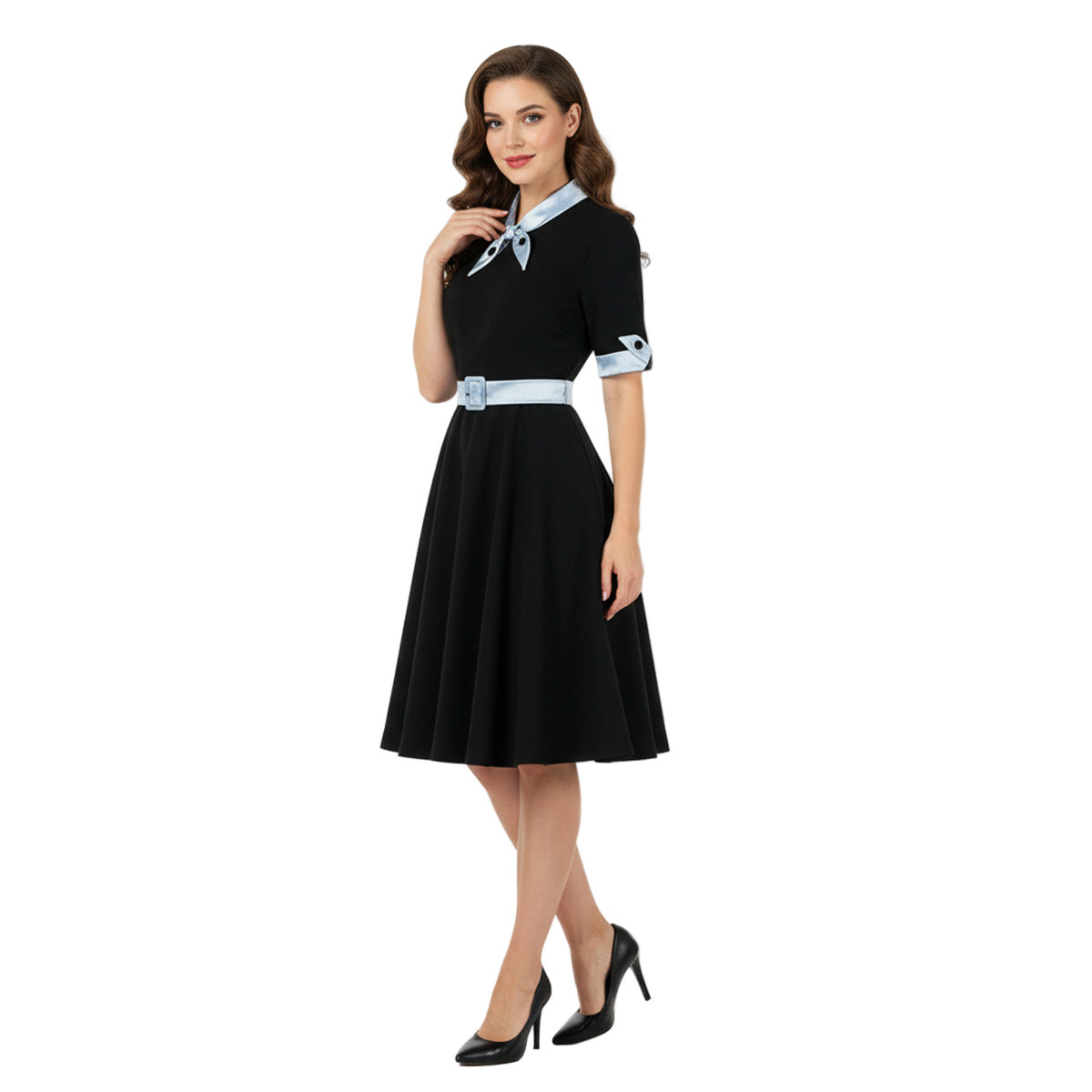 Women's 1950s Contrast Color Block Lapel Collar Belted A-Line Dress