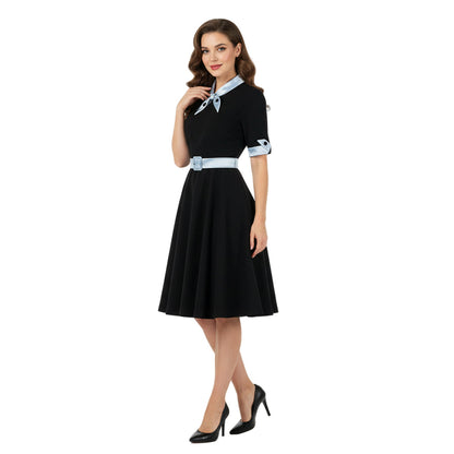 Women's 1950s Contrast Color Block Lapel Collar Belted A-Line Dress