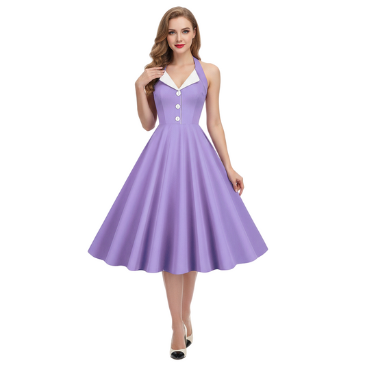 Women's 1950s Purple Halter Neck Swing Dress